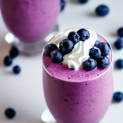 Image similar to delicious looking blueberry milkshake, blueberries on the side, whipped cream on top, 8 k resolution, professional food photography, studio lighting, sharp focus, center frame, hyper - detailed