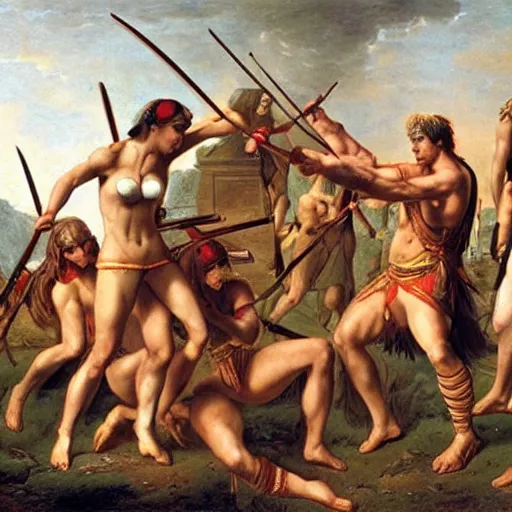 Image similar to muscular warrior women, amazonian warrior women, women fighting men, muscular men, roman warrior men, clashing in bloody field, art by jacques - louis david