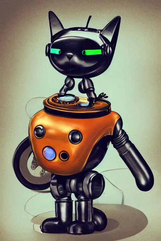 Image similar to a cute cat robot, futuristic, painted by wally wood and matt jefferies, trending on artstation, steam punk, bright macro view pixar, award - winning, blueprint, chillwave, realism