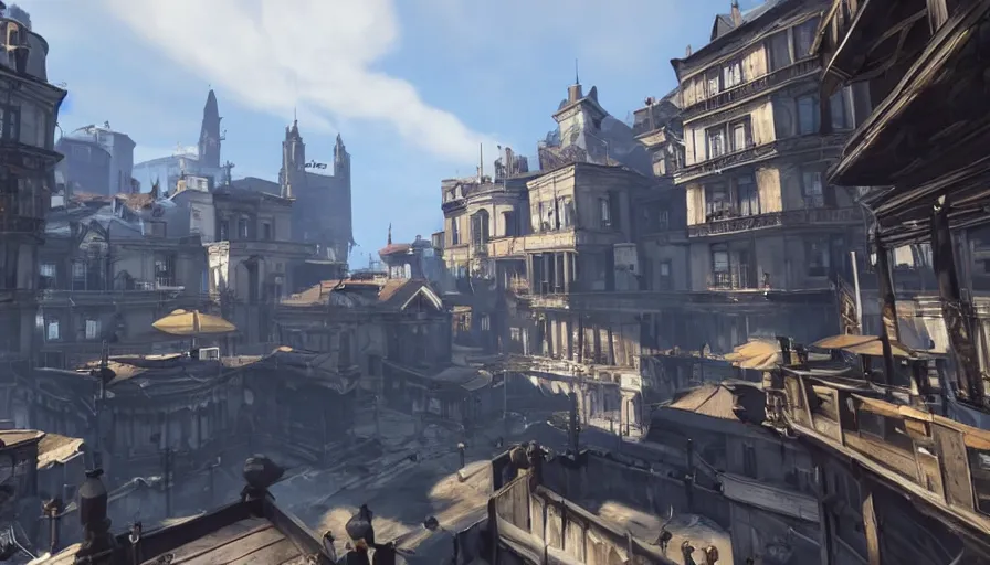 Image similar to first person view of a town square in the game dishonored, fantasy