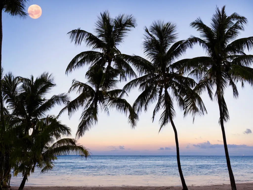 Prompt: tropical beach framed by palm trees . It's nighttime and there is a full moon reflected on the water. In the distance you can make out the the loch ness monster emerging from the water. award winning travel photography