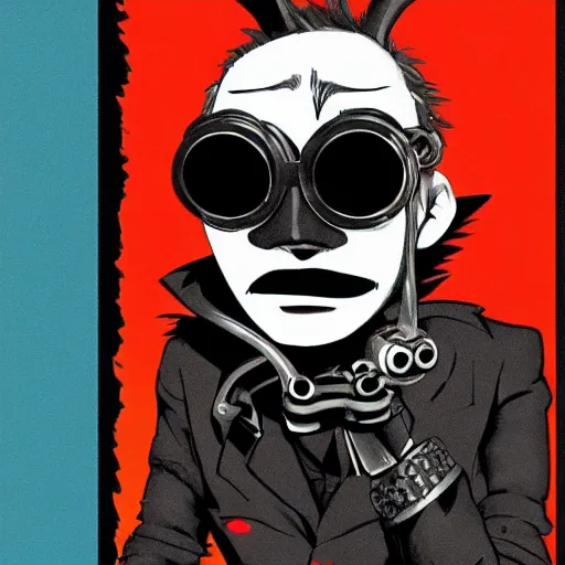 Prompt: a nerdy goth guy wearing goggles and eccentric jewelry by jamie hewlett :: full body character concept art, full body, detailed