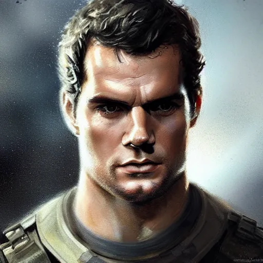 Image similar to “Portrait of Henry Cavill by Greg Rutkowski, he is about 20 years old, norwegian, short blond hair, young, manly, attractive, strong, older brother vibes, he is wearing futuristic military fatigues, highly detailed portrait, scifi, digital painting, artstation, concept art, smooth, sharp foccus ilustration, Artstation HQ”