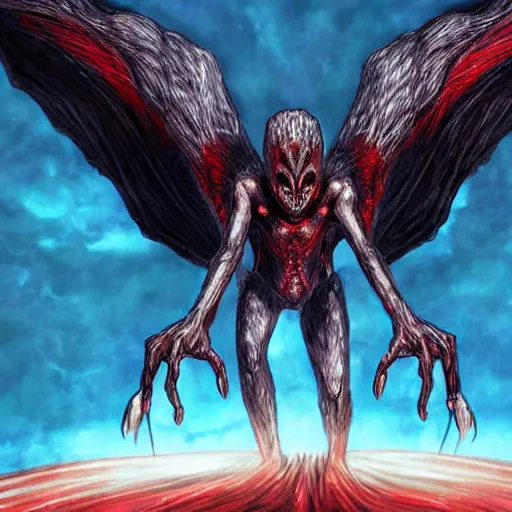 Image similar to 4K headshot of mothman with defined arms and open hands and bloody victims with giant wings , intricate face , flawless anime cel animation by Kentaro Miura,psychedelic , highly detailed upper body , professionally post-processed , beautiful, scary, symmetry accurate features, epic, octane rendered, anime masterpiece, accurate