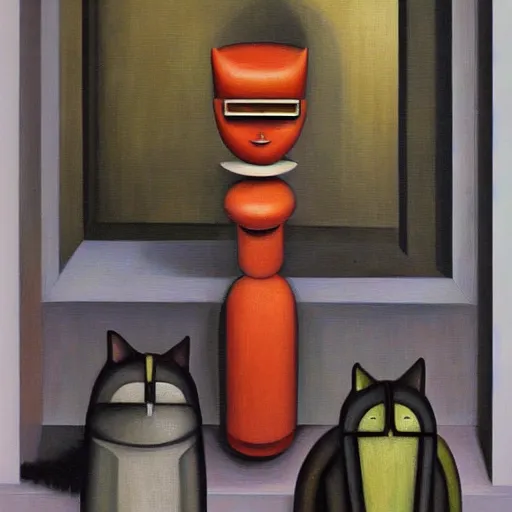 Image similar to three brutalist feline robots portrait, grant wood, pj crook, edward hopper, oil on canvas