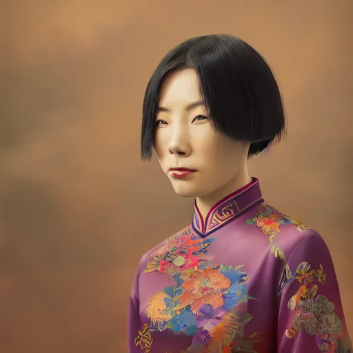 Image similar to portrait of chinese lady in cheongsam, highly detailed vfx portrait, unreal engine, greg rutkowski, loish, rhads, caspar david friedrich, makoto shinkai and lois van baarle, ilya kuvshinov, rossdraws, elegent, tom bagshaw, alphonse mucha, global illumination, detailed and intricate environment