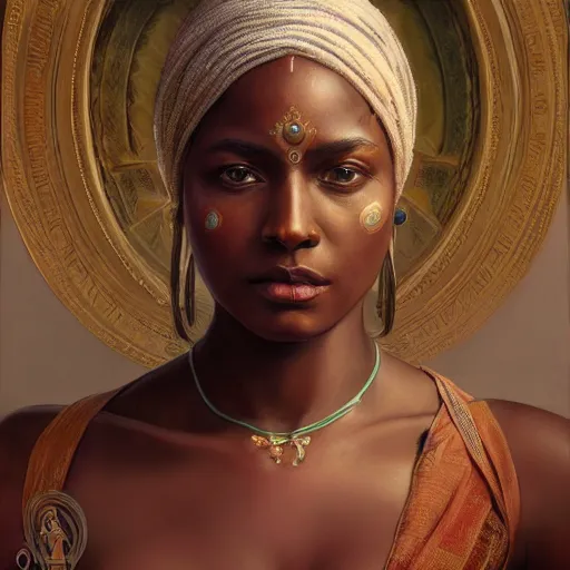 Image similar to wide angle portrait painting of a black muscular south indian woman, sari, ultra realistic, concept art, intricate details, eerie, horror, highly detailed, photorealistic, octane render, 8 k, unreal engine. art by artgerm and greg rutkowski and alphonse mucha