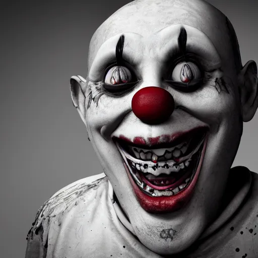 Image similar to black and white crying creepy clown smiling with sharp bloody teeth, highly detailed, sharp focus, octane render