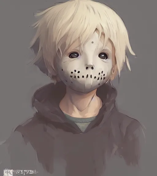 Image similar to beautiful little boy anime character inspired by jason voorhees, art by rossdraws, wlop, ilya kuvshinov, artgem lau, sakimichan and makoto shinkai, concept art, anatomically correct, extremely coherent, realistic, mask, smooth, hd, 8 0 s haircut