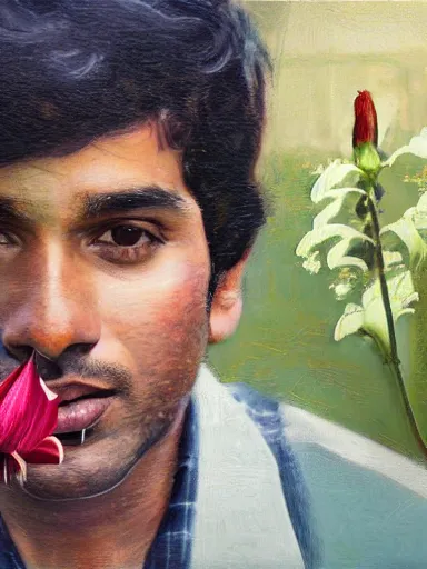 Prompt: artwork by saul leiter, of a solo individual portrait of an indian guy with lilies and roses, dapper, simple illustration, domestic, nostalgic, full of details, matte painting, trending on artstation and unreal engine