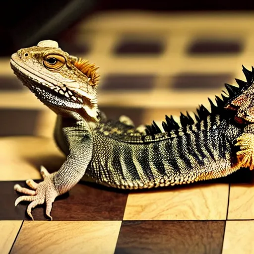 Prompt: a Bearded dragon playing chess against a Salamander, national geographic photo