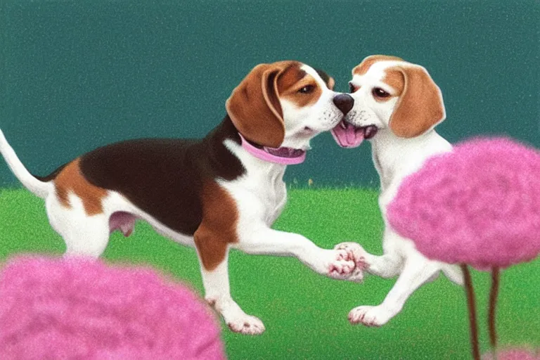 Image similar to white and brown beagle dog playing in a full of pink flowers, by Quint Buchholz, pastel colors