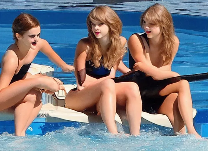 Image similar to emma watson and taylor swift and selena gomez swim together. perfect faces.