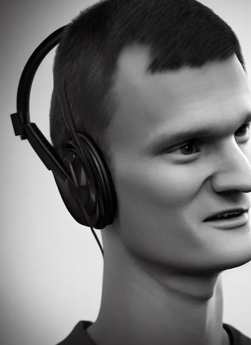 Prompt: vitalik buterin in headphones. vitalik buterin, medium shot, perfect symmetric face, coherent eyes, cute happy face, fine details., very sharp, 4 k, pixar, octane render, hans zatska