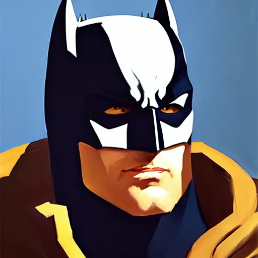 Prompt: Greg Manchess portrait painting of Batman as Overwatch character, medium shot, asymmetrical, profile picture, Organic Painting, sunny day, Matte Painting, bold shapes, hard edges, street art, trending on artstation, by Huang Guangjian and Gil Elvgren and Sachin Teng