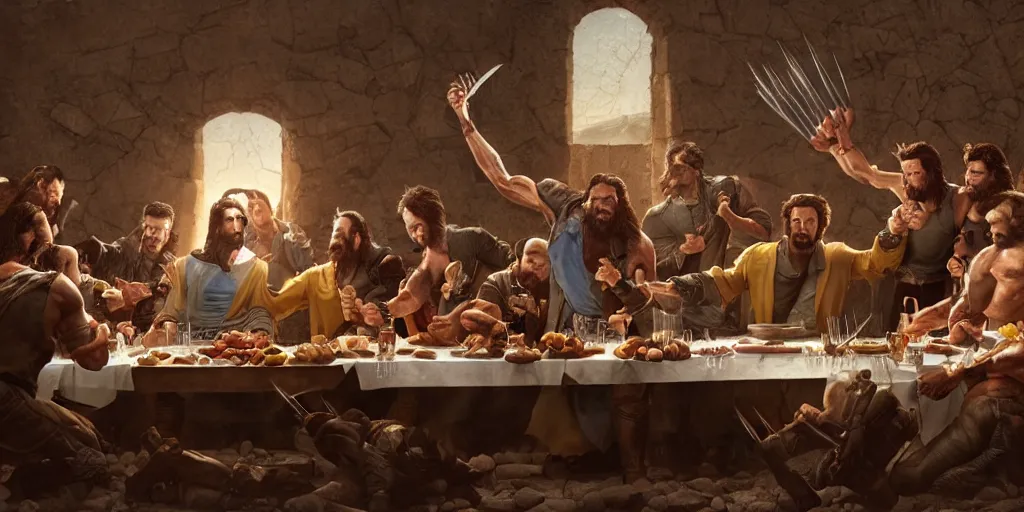 Prompt: professional physically based octane render of Wolverine, fighting Judas at the Last Supper, character concept art, epic composition, style of Marvel, 8k comic art, intricately detailed