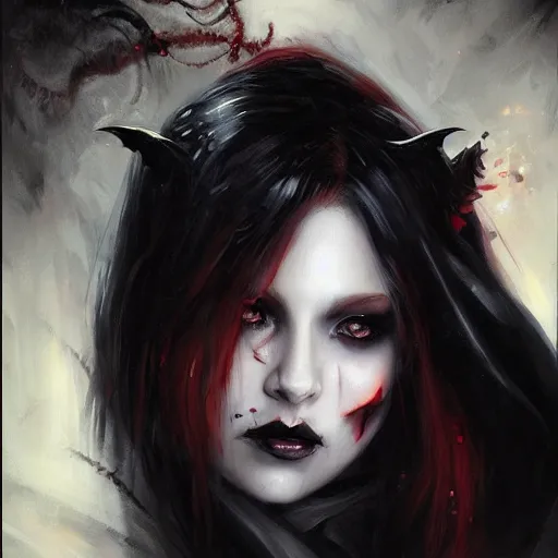 Image similar to raven winged female vampire, fantasy, portrait painted by Raymond Swanland