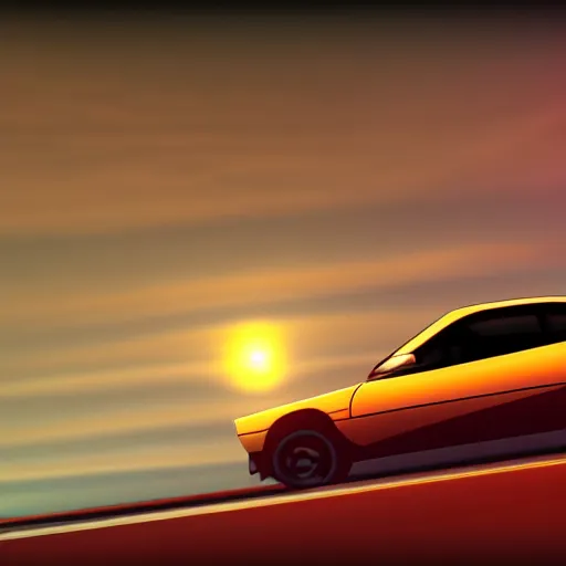 Image similar to 9 0 s sports car driving toward sunset, kidmograph style