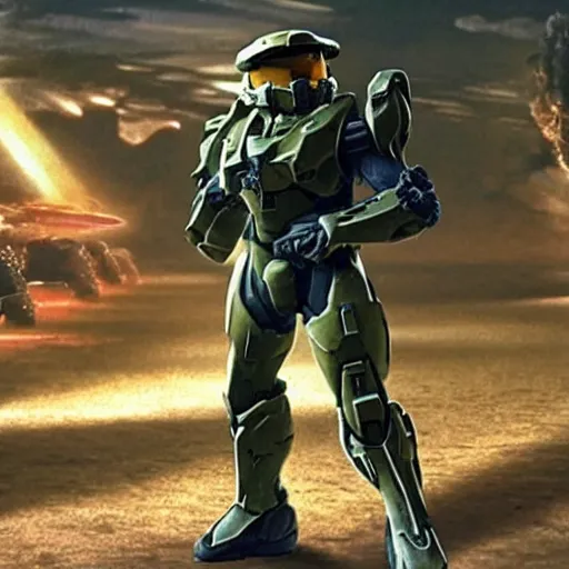 Image similar to still of master chief from halo in back to the future cinematic wide shot