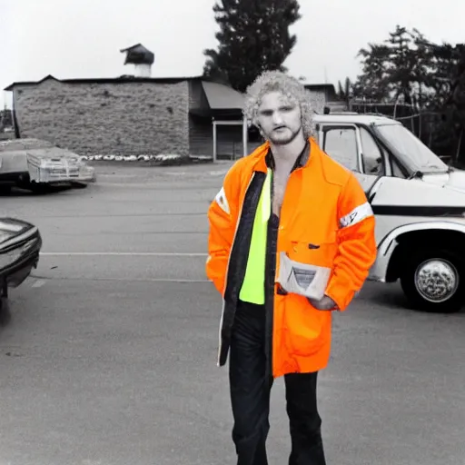 Image similar to layne staley working as a grocery store cart attendant and wearing an orange hivis vest