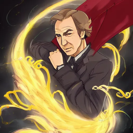 Image similar to portrait of saul goodman wielding the element of storm magecraft, wind, anime fantasy illustration by tomoyuki yamasaki, kyoto studio, madhouse, ufotable, trending on artstation