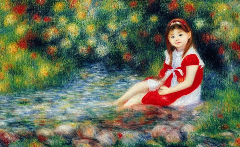 Prompt: 7 years old rina playing with the water, wearing white cloths, and a red bow in her hair, sitting by the side of a creek, in the painting style of renoir, 8 k, detailed, tele photo lens, rule of thirds