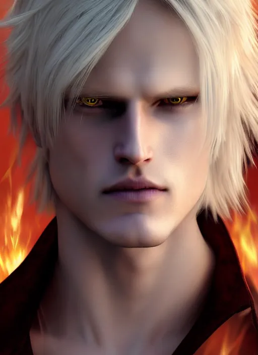 Prompt: a handsome blond dante from devil may cry mixed with johan liebert alucard, super evil scintillating fiery radiance, long curly blond hair, very very pale blond hair, fighting with angles glitching out from his psychic resonant presence, very very extreme heavy chromatic aberration, by Julian calle, wlop, Denis Villeneuve, greg rutkowski and thomas kinkade, Finnian MacManus, Syd Mead, Trending on artstation, white and yellow scheme, 8k, wide-angle lens, Unreal Engine