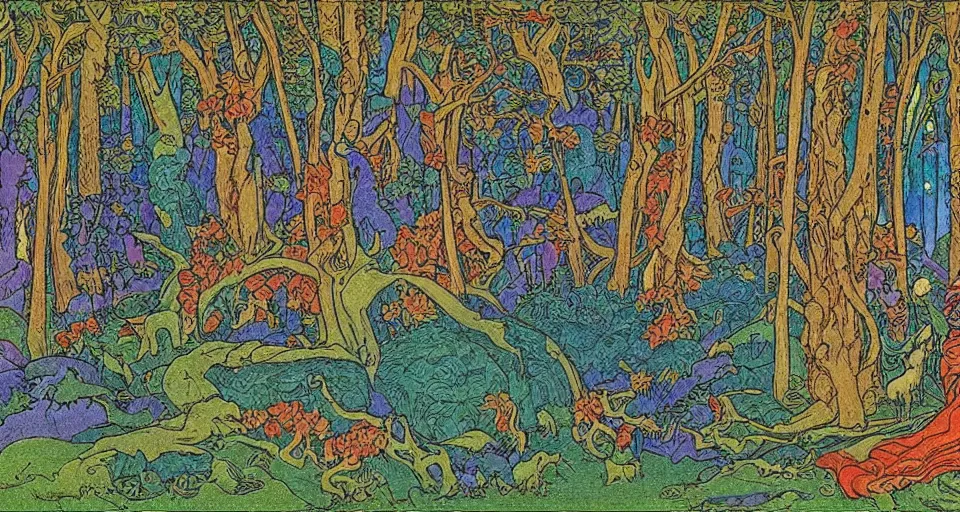 Image similar to Enchanted and magic forest, by Ivan Bilibin,