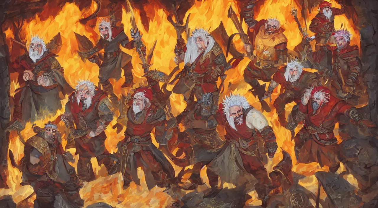 Image similar to a dungeons and dragons party of four guy fieri's, warrior fieri, mage fieri, rogue fieri, and cleric fieri, fantasy painting in the style of diego gisbert llorens