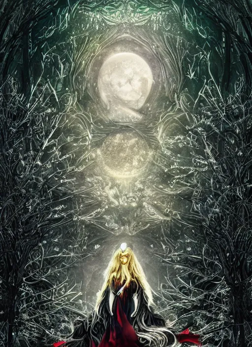 Image similar to glowing silver and golden elements, full close-up portrait, A beautiful dark witch in front of the full big moon, book cover, green forest, red white black colors, establishing shot, extremly high detail, foto realistic, cinematic lighting, pen and ink, intricate line drawings, by Yoshitaka Amano, Ruan Jia, Kentaro Miura, Artgerm, post processed, concept art, artstation, matte painting, style by eddie, raphael lacoste, alex ross