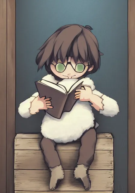 Prompt: beautiful little boy wearing sheep suit reading a book while sitting on chair, gray, blue, green and brown pallet color. made in abyss art style, inspired in kris from deltarrune, cute detailed artwork, anatomically correct, soft details, ilya kuvshinov, reflection, perfect composition, mobile wallpaper, low lighting, illumination