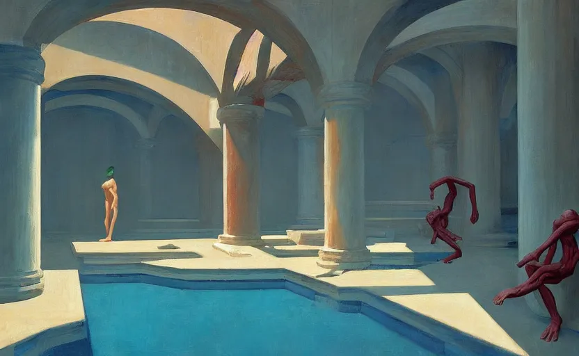 Image similar to Inside a greek dungeon with a big pool, very coherent, painted by Edward Hopper, Wayne Barlowe, painted by James Gilleard, airbrush, art by JamesJean