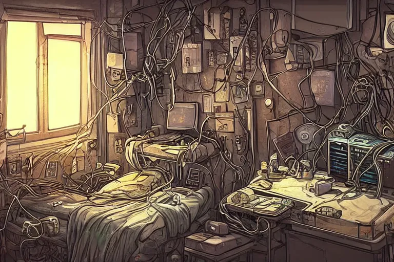 Image similar to a highly detailed illustration of a messy gamer's bedroom, tangled wires, dim lights, messy bed, a sink, cyberpunk, dystopian,