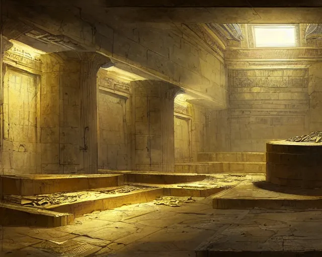 Image similar to a bank vault full gold ingots in the style of ancient egypt, art by greg rutkowski and artgerma, concept art design architecture