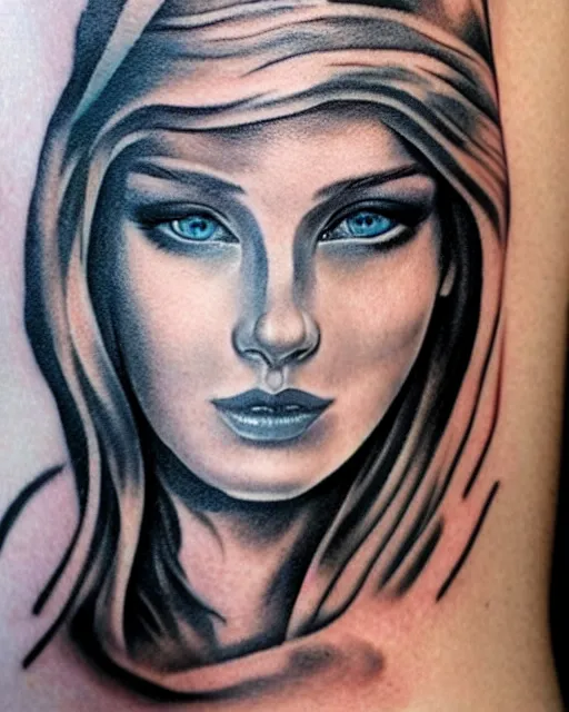 Image similar to tattoo design sketch of a beautiful blue - eyed woman face with a faded background of beautiful mountains on her side, hyper - realistic, in the style of den yakovlev, amazing detail, black and white