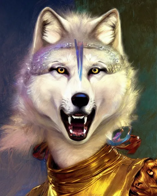 Image similar to portrait of a white female anthro wolf at a roller derby, female fursona, 4 k, trending on artstation, very expressive detailed feminine face, energetic, bright colors, by gaston bussiere, craig mullins, j. c. leyendecker, gustav klimt, artgerm, greg rutkowski, alphonse mucha