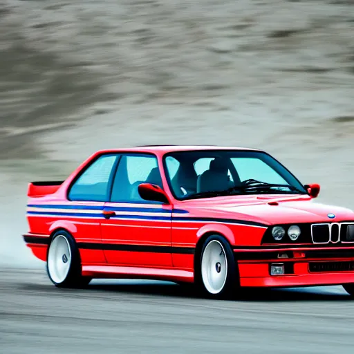 Image similar to a rolling shot of a modified bmw e 3 0 with lights on, on a street race track, motion blur, 3 0 0 mm photography, car photography, clean lines, realistic