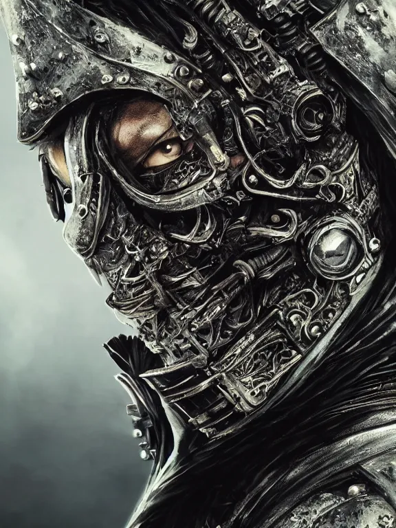 Image similar to portrait art of 8k ultra realistic undead ninja,intricate black mask, detailed intricate ornate armour,decaying, cybernetic, full of colour, cinematic lighting, battered, trending on artstation, 4k, hyperrealistic, focused, extreme details,unreal engine 5, cinematic, masterpiece, art by ayami kojima, giger