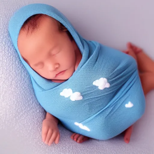 Prompt: cute cuddly baby sharks in baby's clothing swaddled in clouds, photorealistic