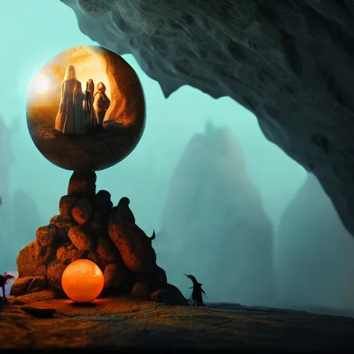 Image similar to witches and wizards standing around a magical orb in a cave ,highly detailed, 4k, HDR, award-winning, artstation, octane render