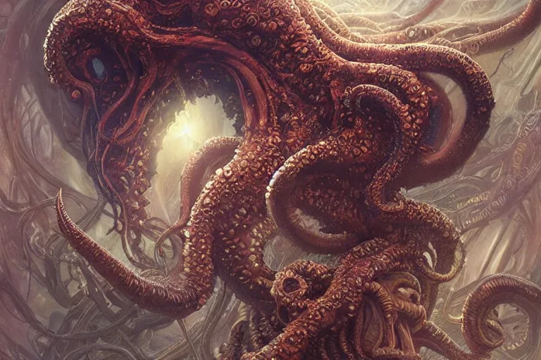 Image similar to a lovecraftian painting of cthulhu face of cosmic horror, cosmic horror elements, ultra realistic, concept art, intricate details, eerie, highly detailed, photorealistic, octane render, 8 k, unreal engine. art by artgerm and greg rutkowski and alphonse mucha