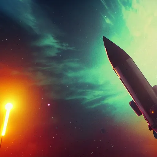 Prompt: rocket ship in space running into a comet, photo realistic, 8k, artstation, Blade runner, neon signs in the distance, dark, cinematic, high contrast, epic