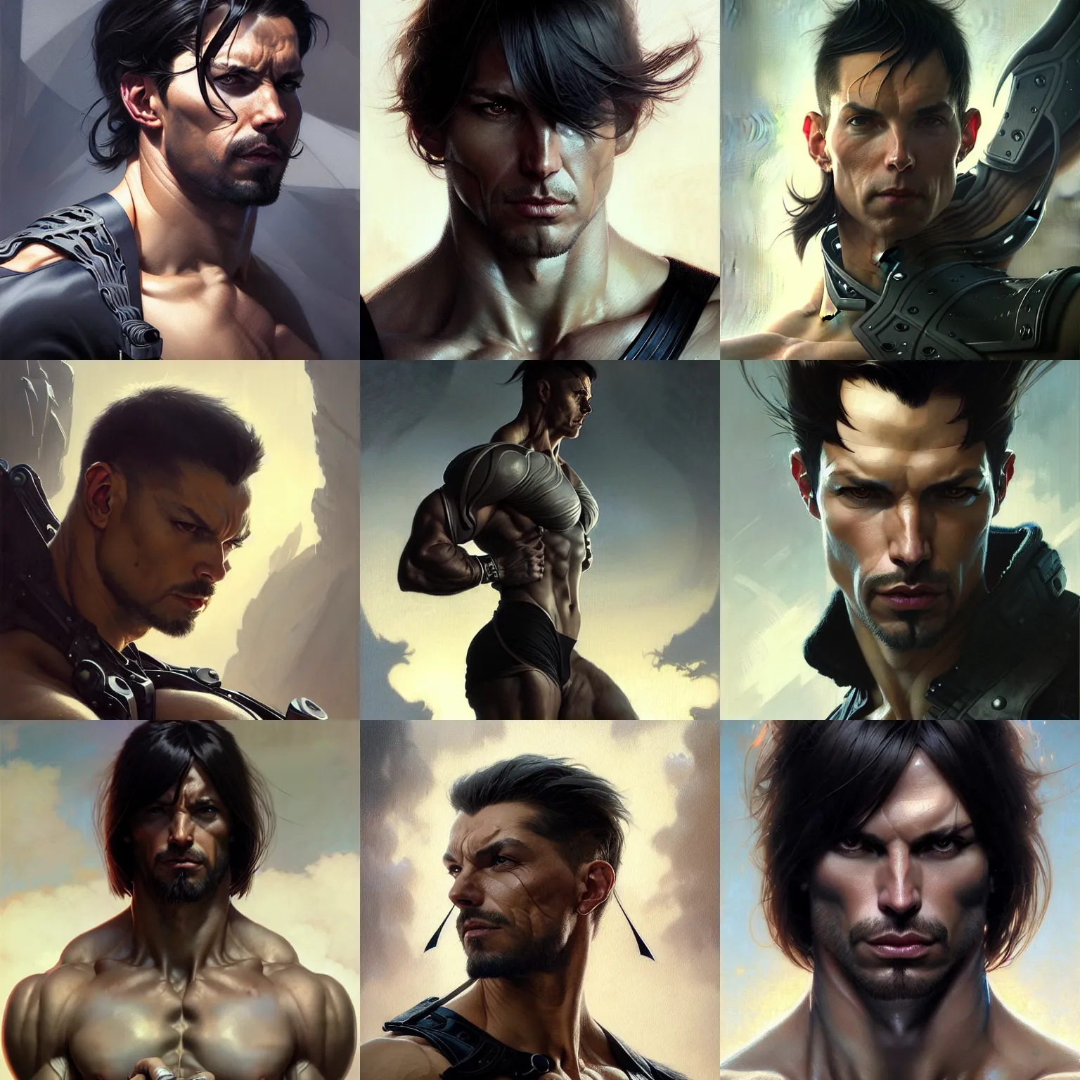 Prompt: portrait of a muscular handsome man as aeon flux profile picture by greg rutkowski, long bangs, going gray, dynamic pose, intricate, futuristic, fantasy, elegant, by stanley artgerm lau, greg rutkowski, thomas kindkade, alphonse mucha, loish, norman rockwell,