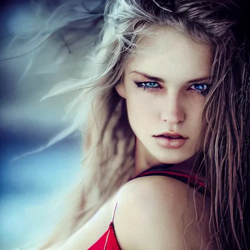 Prompt: beautiful irish lass ( model ) ( young ) with blonde red wavy hair and clean eyes, soft flawless pale skin ultra - detailed face, wearing a bikini, dramatic dark lighting, hyperrealistic photo luis royo, wlop