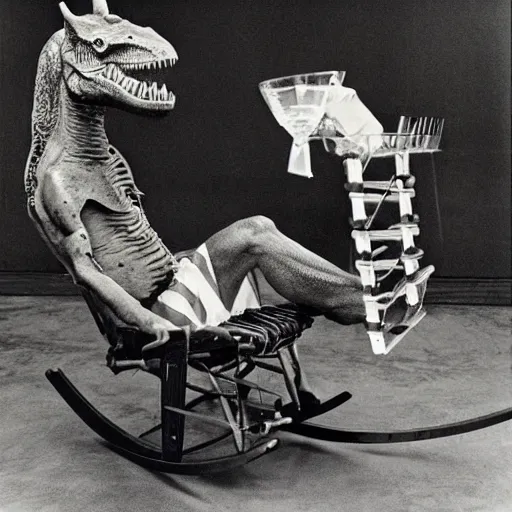 Prompt: a T. rex drinking tequila in a rocking chair, photographed by Annie Leibovitz