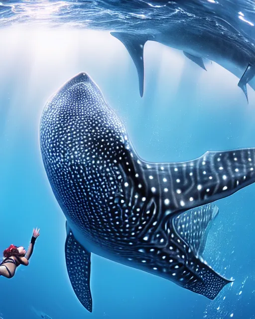 Prompt: a lot of whale sharks swimming with redhead girl, radiant lighting, cinematic, artstation