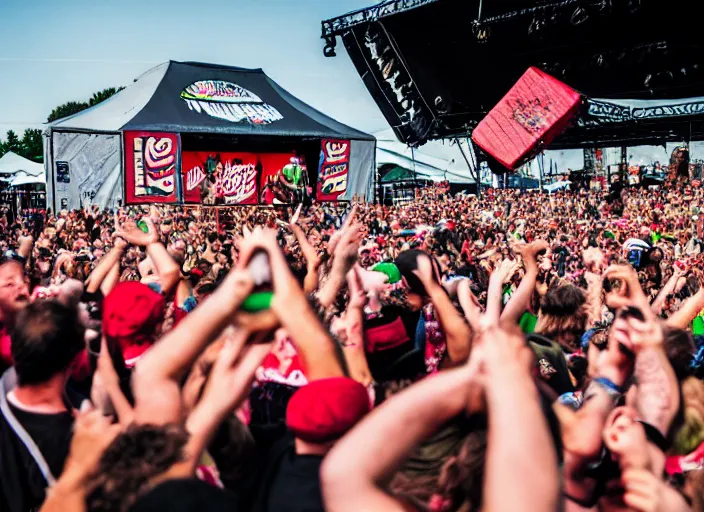 Image similar to photo still of gallagher at vans warped tour!!!!!!!! at age 5 5 years old 5 5 years of age!!!!!!! throwing watermelons into a crowd, 8 k, 8 5 mm f 1. 8, studio lighting, rim light, right side key light