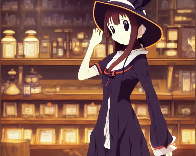 Prompt: anime visual, portrait of a young female traveler wearing a witch hat in a alchemist's potion shop interior, cute face by yoh yoshinari, katsura masakazu, cinematic luts, dynamic pose, dynamic perspective, strong silhouette, anime cels, ilya kuvshinov, crisp and sharp, rounded eyes, moody, cool colors