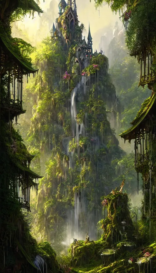 Prompt: fairy palace, castle towers, sunbeams, gothic towers, Japanese shrine waterfall, gold and gems, gnarly details, lush vegetation, forest landscape, painted by tom bagshaw, raphael lacoste, eddie mendoza, alex ross concept art matte painting