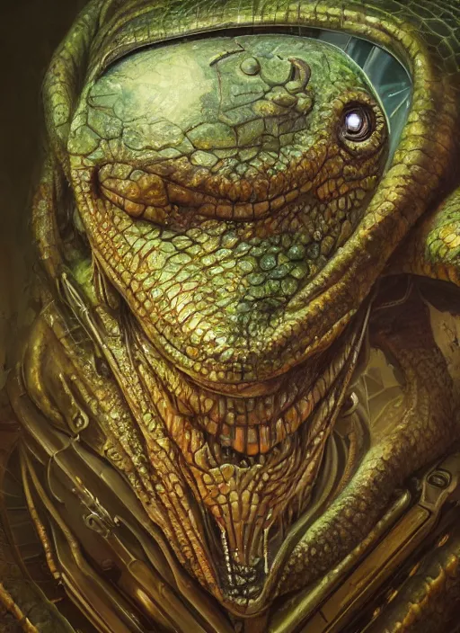 Prompt: close up sci - fi horror quarter machine simon stalenhag reptile robot eyes, quartz skin, elegant, highly detailed, centered, digital painting, concept art, smooth, sharp focus, illustration, artgerm, tomasz alen kopera, peter mohrbacher, donato giancola, joseph christian leyendecker, wlop, frank frazetta